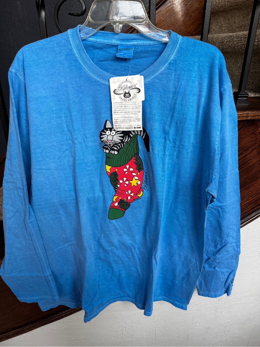 XXL NEW Blue Long Sleeve B. Kliban Crazy Shirts Hawaii Cat Christmas Stocking - Picture 2 of 11